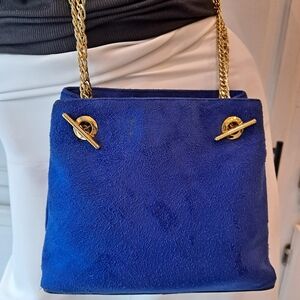 Frenchy Of California Brilliant Blue Suede Shoulder Bag w/Gold Plate Chain Strap